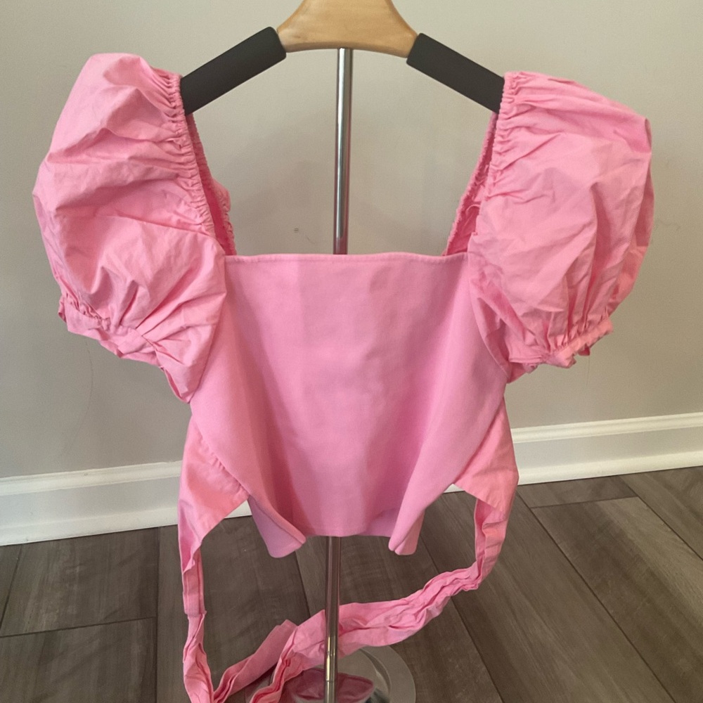 Zara Pink Puff Sleeve Tie Back Blouse